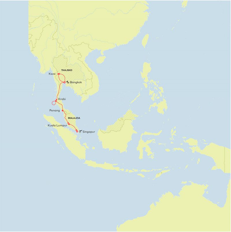 Mapa Thajsko Malajzia Singapur