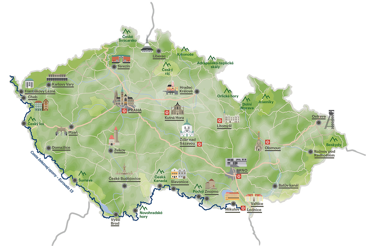 Mapa cesty železnej opony v Českej republike