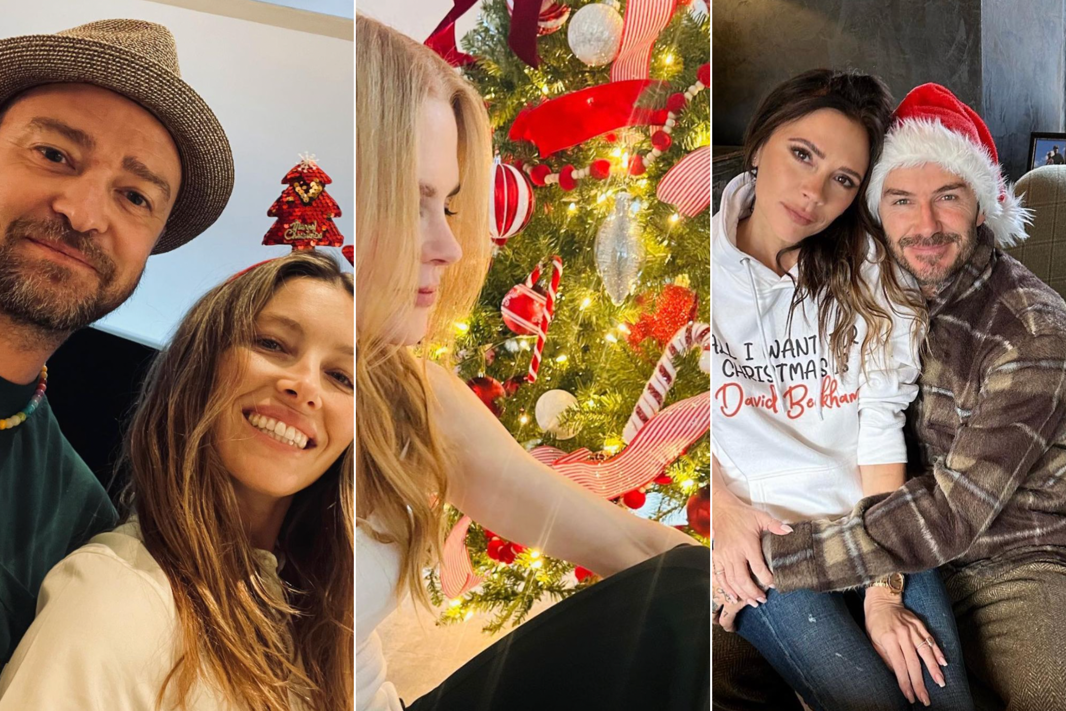 Celebritné Vianoce 2022, koláž: Jessica Biel, Justin Timberlake, Nicole Kidman, Beckhamovci