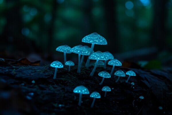 Bioluminiscenčné huby v tmavom lese.
