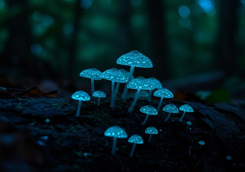 Bioluminiscenčné huby v tmavom lese.