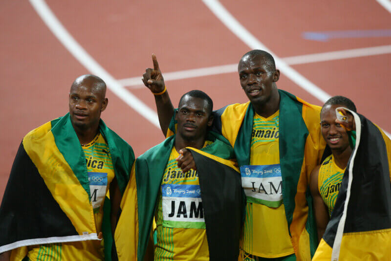 Jamajská štafeta v zložení Asafa Powell, Nesta Carter, Usain Bolt and Michael Frater na OH 2008 v Pekingu.