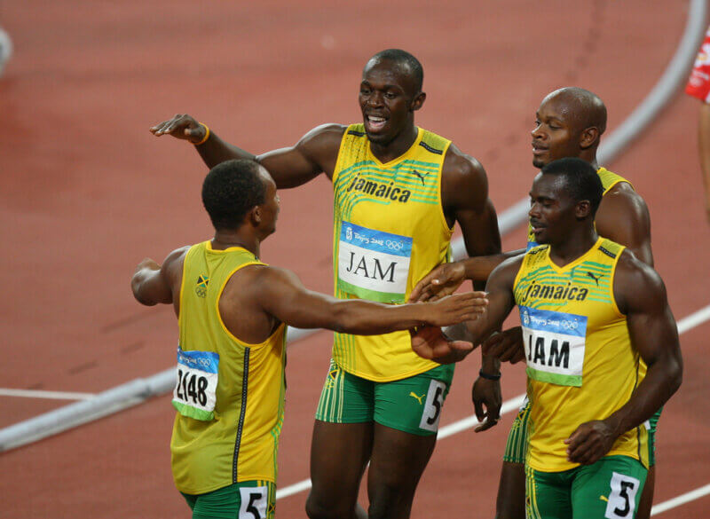 Jamajská štafeta v zložení Asafa Powell, Nesta Carter, Usain Bolt and Michael Frater na OH 2008 v Pekingu