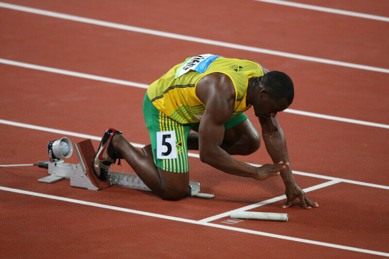 Bolt na štarte štafety 4x100 m v Pekingu, 2008