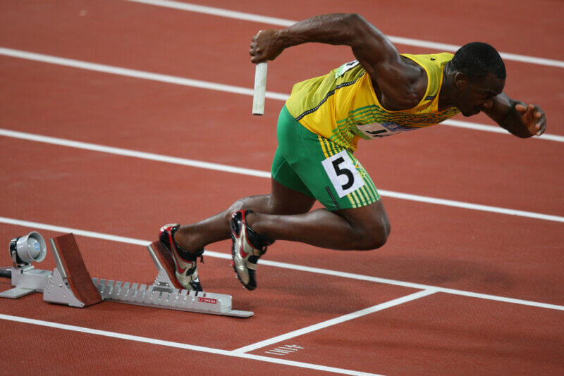 Bolt na štarte štafety 4x100 m v Pekingu, 2008